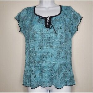 Vintage y2k 90s blue textured cap sleeve pastel goth lace up front top size L